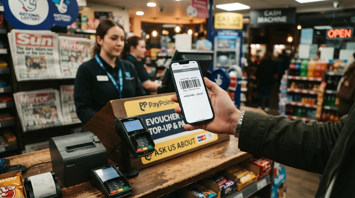 A CashtoCode barcode displayed on a smartphone being presented at a PayPoint counter inside a UK convenience store