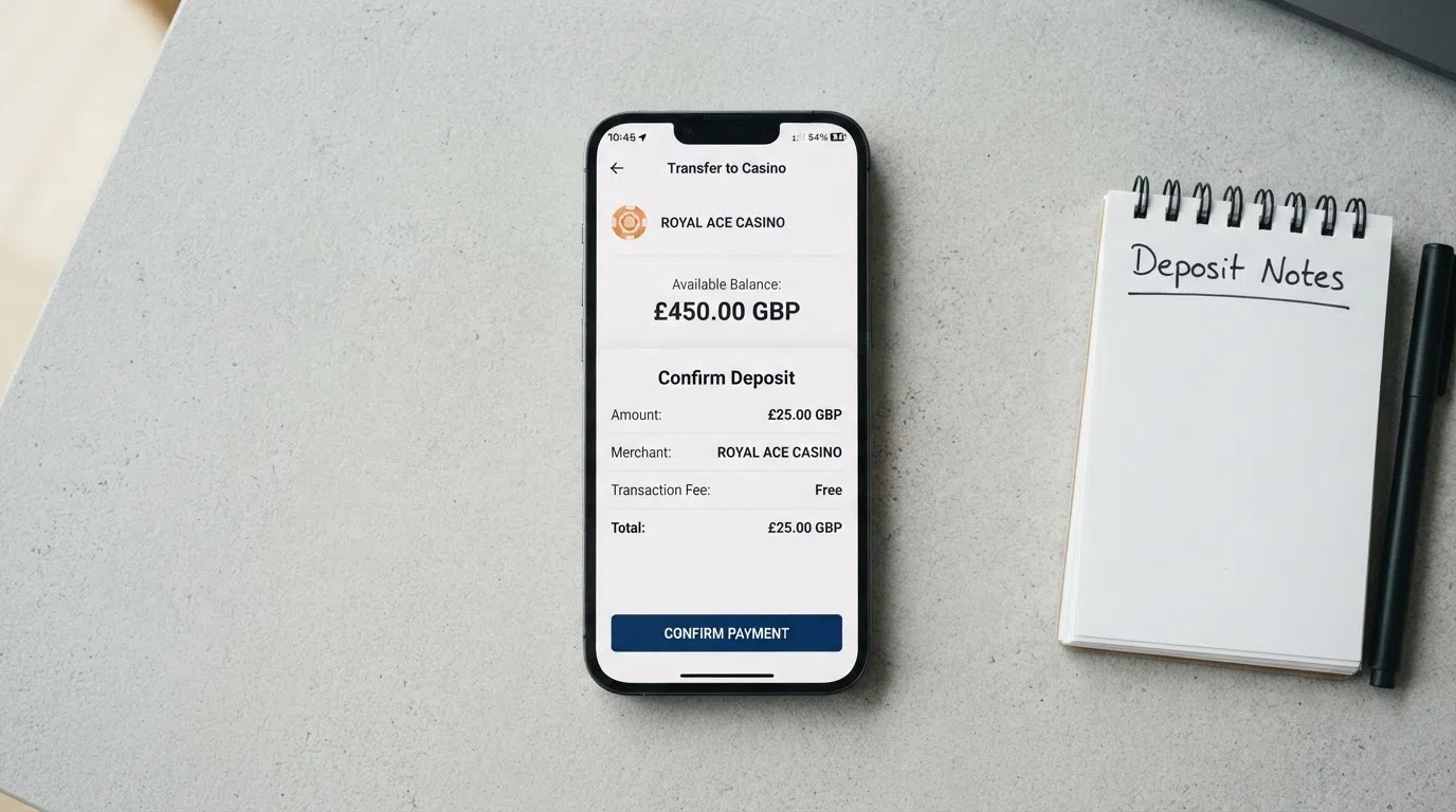 E-wallet interface showing a GBP balance and deposit transfer options to a merchant