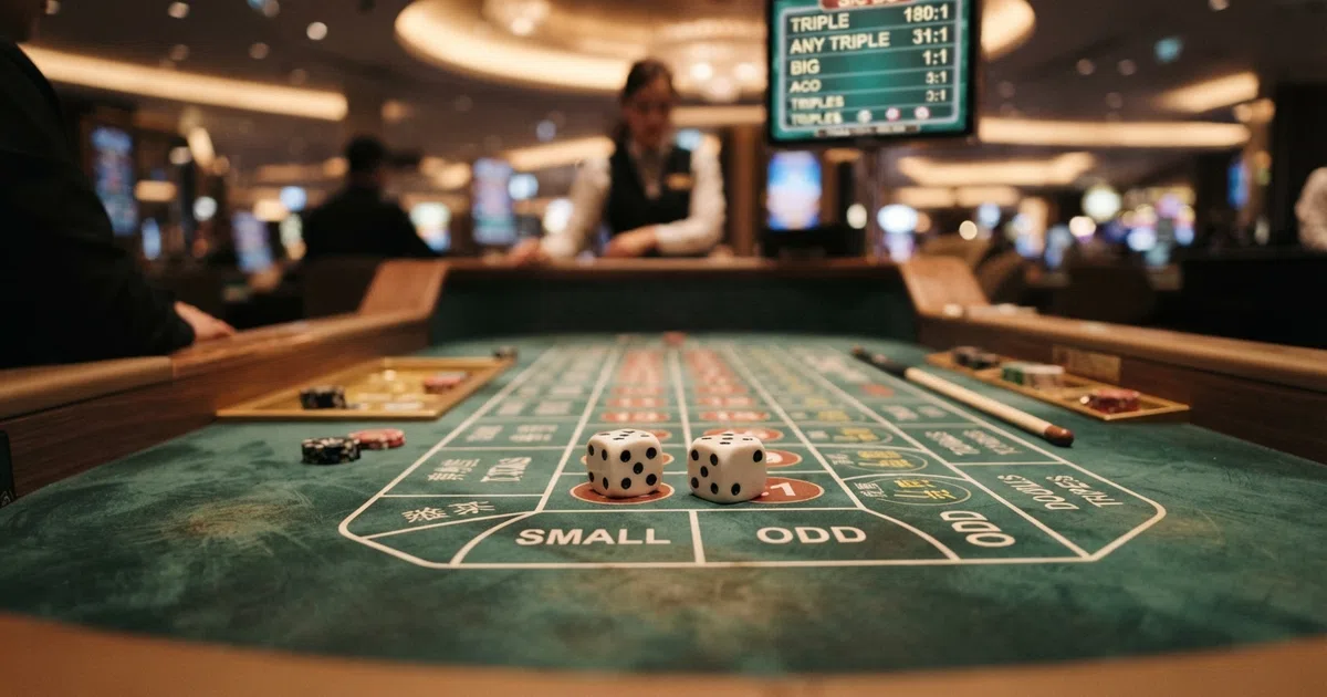 A casino table layout with two white dice resting on green felt, a craps betting grid visible in the foreground and a digital screen showing Sic Bo odds in the background