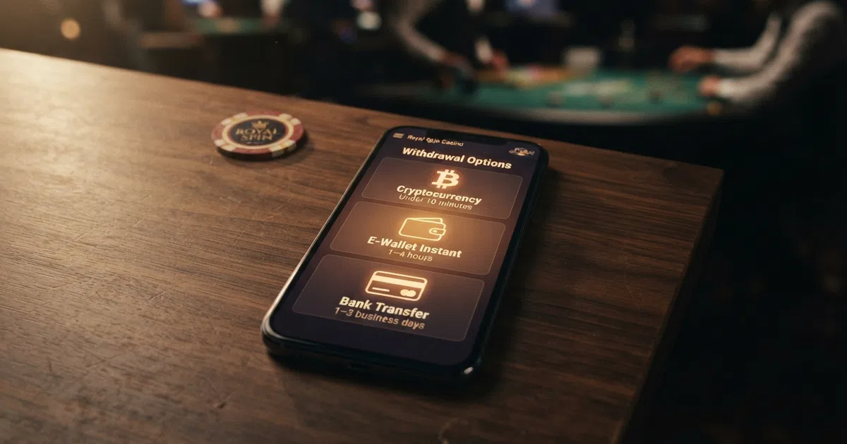 Mobile screen displaying casino withdrawal options with processing-time indicators next to each method