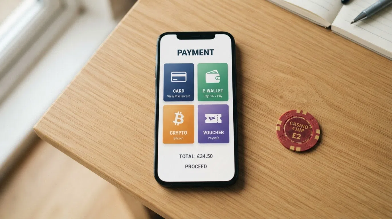A smartphone screen displaying a casino cashier interface with deposit-method icons for Visa, Skrill, Bitcoin and Paysafecard arranged in a grid