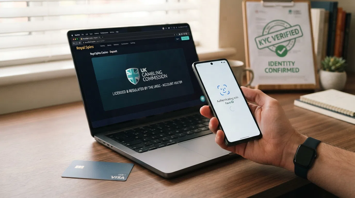 Diagram showing the three security layers protecting a UK casino transaction — UKGC licensing shield, SCA and tokenisation lock, and KYC identity-verification checkmark — with a payment moving through all three