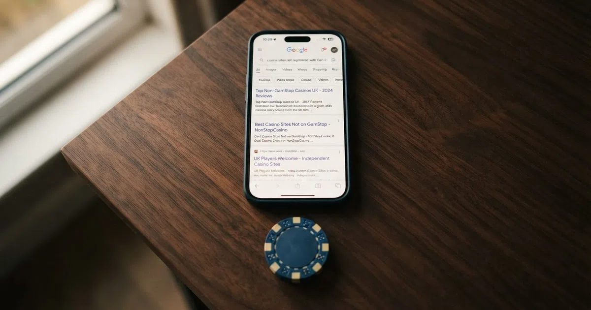 A smartphone showing an online casino search result, with a GamStop self-exclusion card placed in front