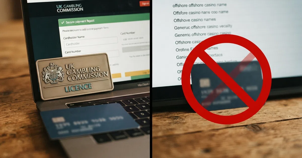 A split-screen composition: on the left, a UK Gambling Commission licence badge and a debit card on a casino deposit screen; on the right, a credit card crossed out with a red prohibition symbol over a search results page listing offshore casino names