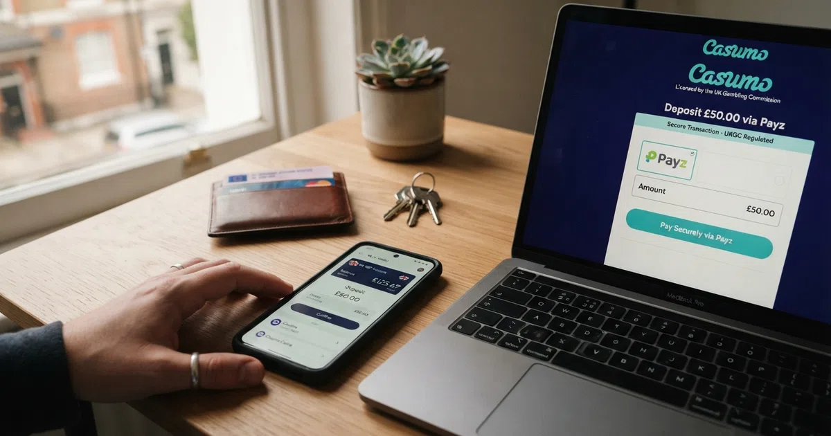 A smartphone screen showing the Payz wallet app interface beside a UK casino cashier page with the Payz logo visible as a deposit option