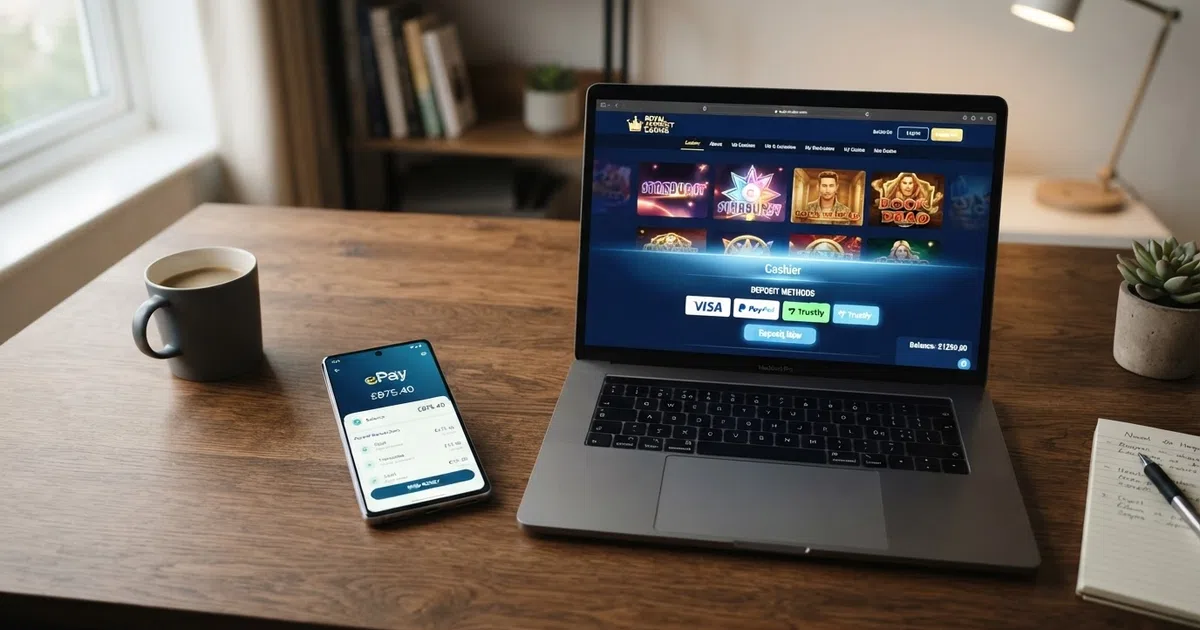 A smartphone showing the Skrill app logo beside a laptop screen displaying a UK online casino lobby with a highlighted cashier section