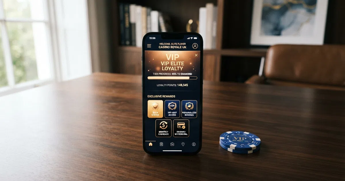 A premium online casino lobby interface with a VIP loyalty dashboard showing tier progress, points balance and exclusive rewards