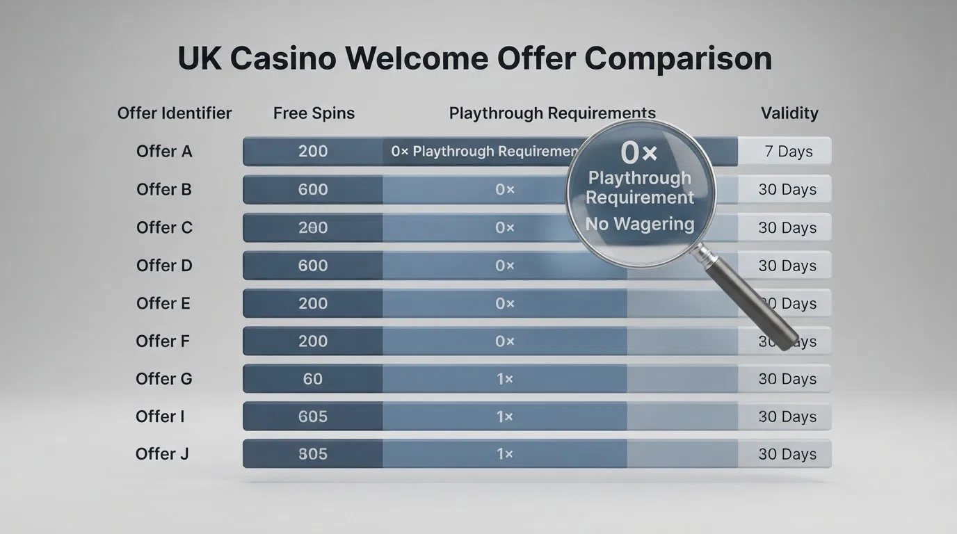 A side-by-side comparison chart of ten UK casino welcome bonuses showing free-spins counts, wagering requirements and validity periods, with a magnifying glass highlighting the 0× wagering row