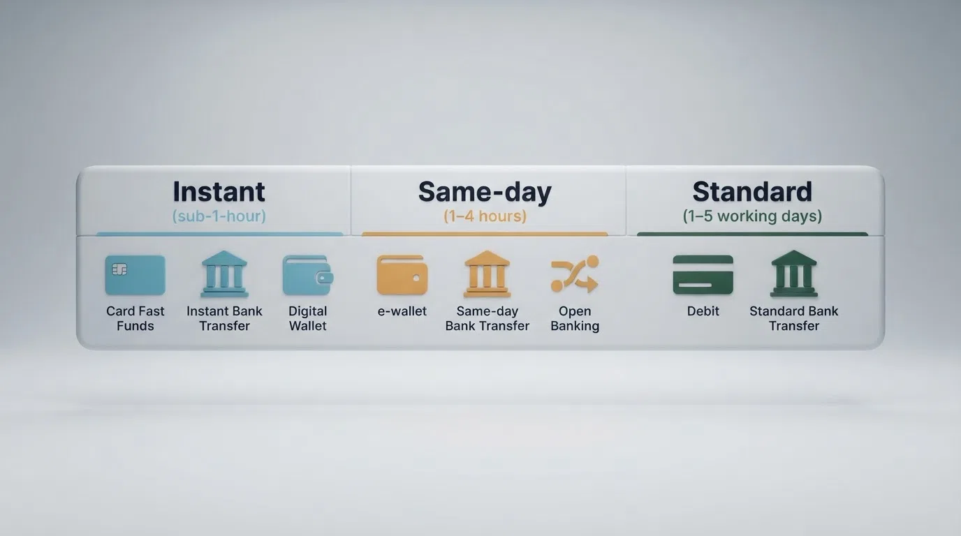 A visual timeline showing three withdrawal-method speed tiers — instant (sub-1-hour), same-day (1–4 hours) and standard (1–5 working days) — with the method logos placed under each tier