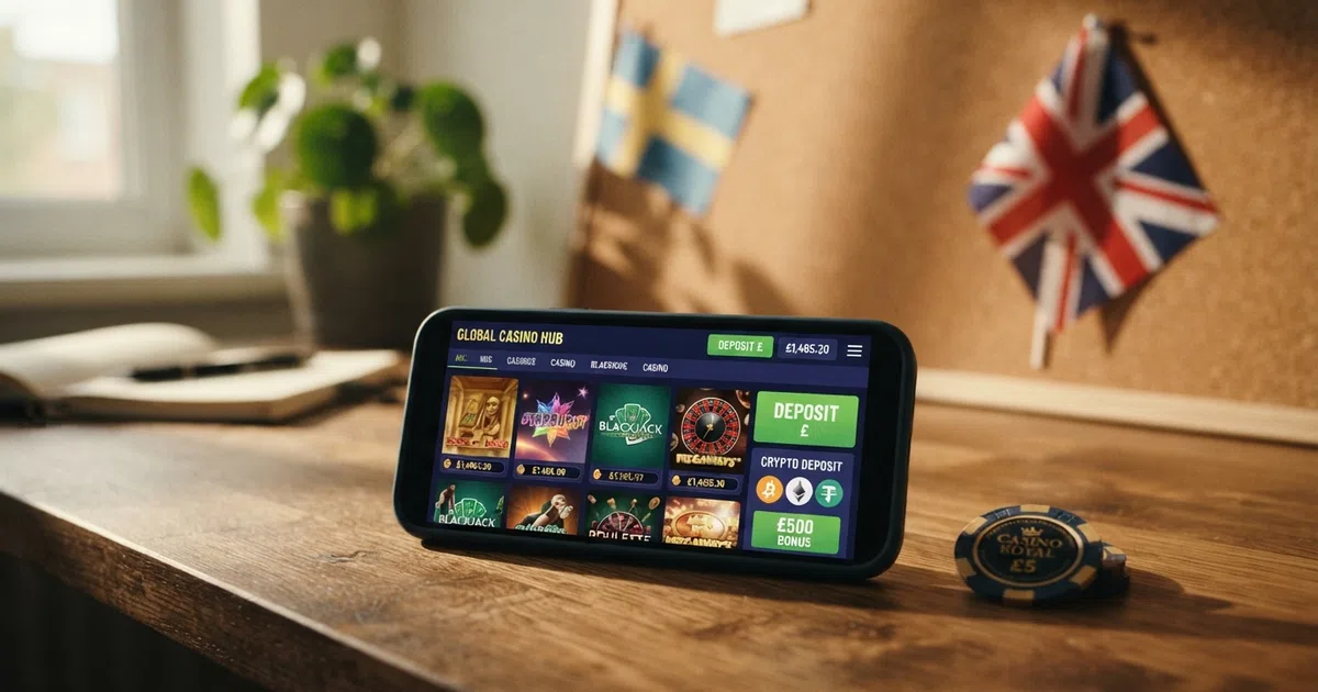 A split composition showing a Union Jack and a Swedish flag beside a web browser displaying an offshore casino lobby with game tiles and a cryptocurrency deposit option