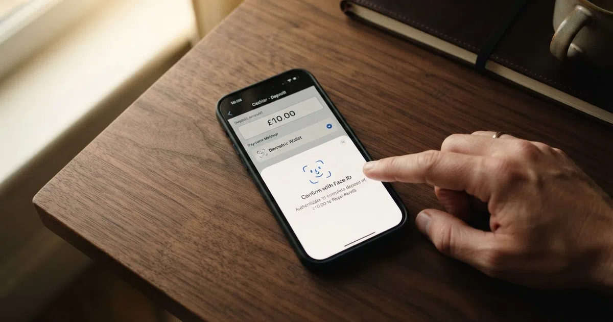An iPhone displaying a casino cashier screen with Apple Pay selected as the payment method, the deposit amount entered and a Face ID prompt visible