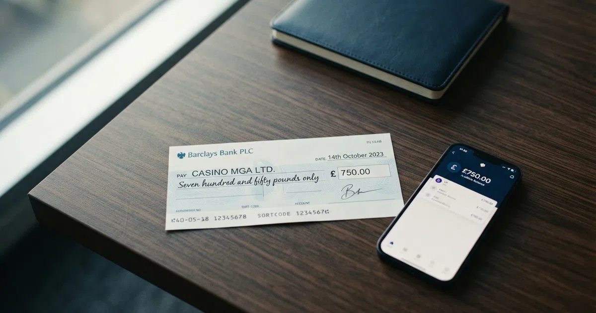 A British current-account cheque made out to an online casino, resting on a desk beside a smartphone showing a casino cashier page, with a wall calendar visible in the background.