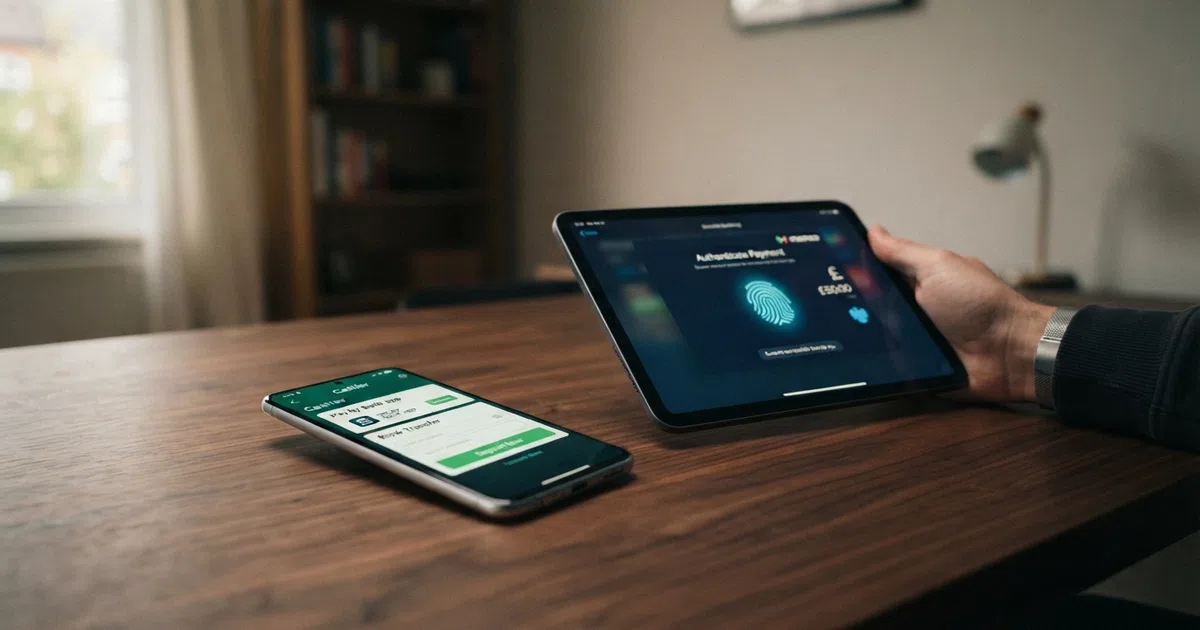 A UK online casino banking screen showing “Pay by Bank” and “Bank Transfer” as deposit options alongside a smartphone displaying a banking app with a biometric authentication prompt