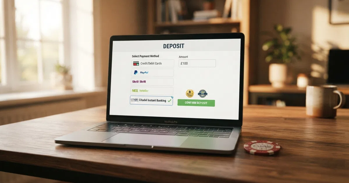 An online casino cashier screen showing Citadel Instant Banking listed among the deposit options beside cards and e-wallets