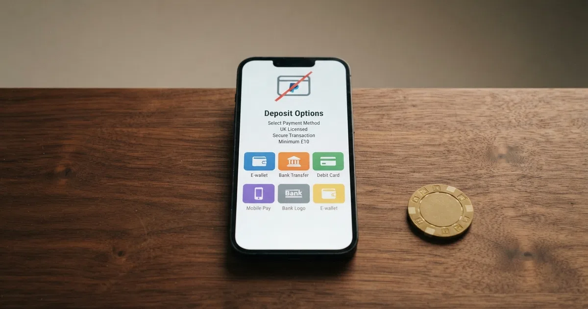 A smartphone screen showing a UK online casino banking page with a crossed-out ClickandBuy logo and the logos of PayPal, Trustly, debit card, Skrill, Neteller and Apple Pay arranged as the working alternatives