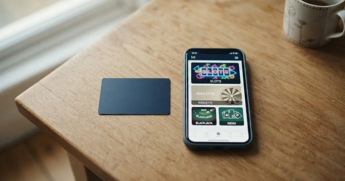 A UK bank card held beside a phone showing an online casino lobby