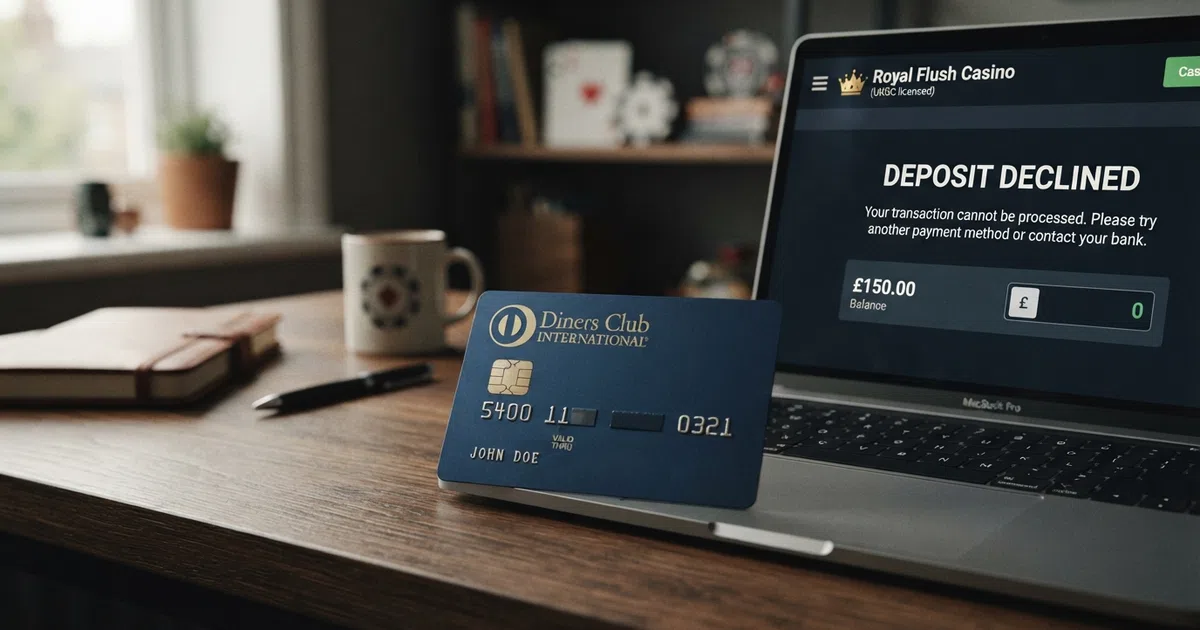 A Diners Club credit card in front of a casino payment screen showing a declined deposit