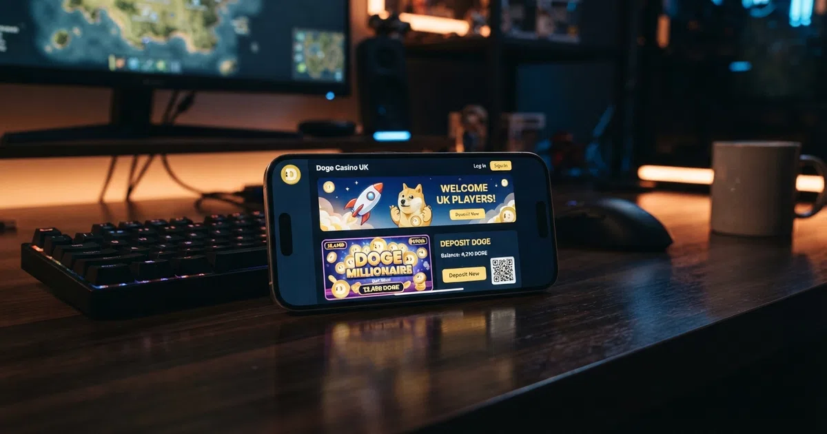 A smartphone screen displaying a Dogecoin casino lobby with the DOGE logo, a slot game thumbnail and a crypto deposit interface, set against a dark gaming-themed background
