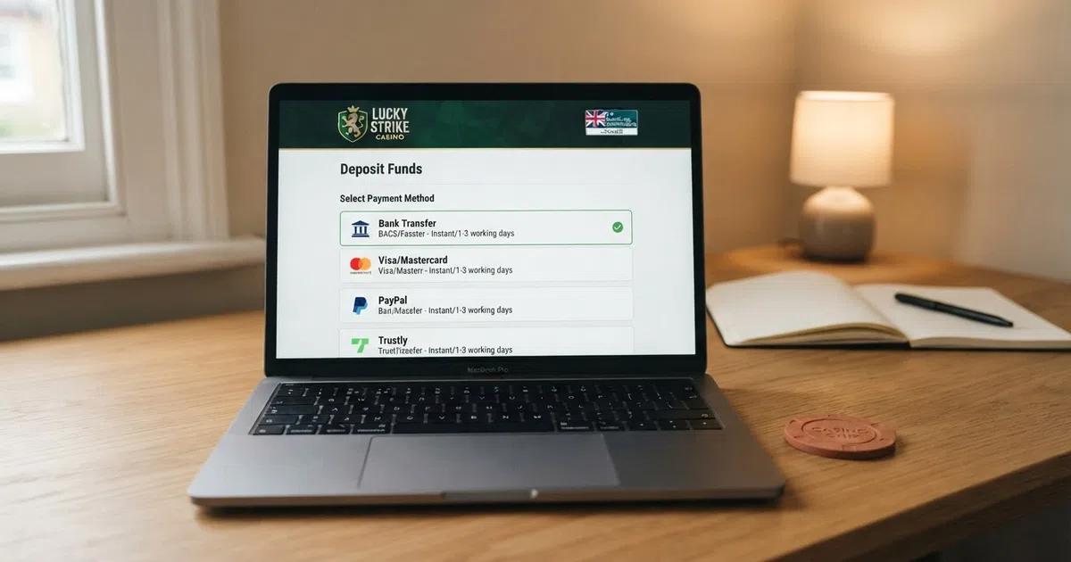 A UK online casino banking page showing bank transfer listed among the deposit options, with a laptop and credit card visible on a desk