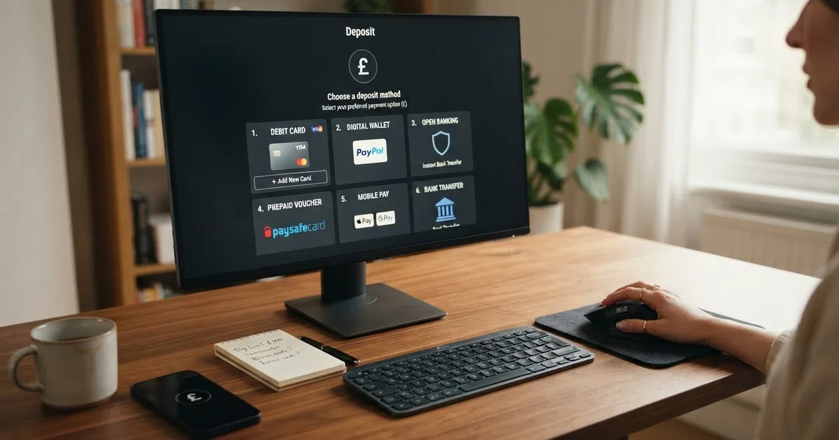 A desktop casino cashier showing deposit method options with no Entropay card among them