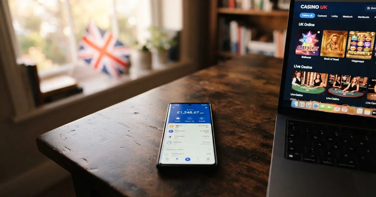 A UK player's smartphone displaying an Ethereum wallet interface beside a casino lobby screen, with the ETH logo prominent and a Union Jack visible in the background