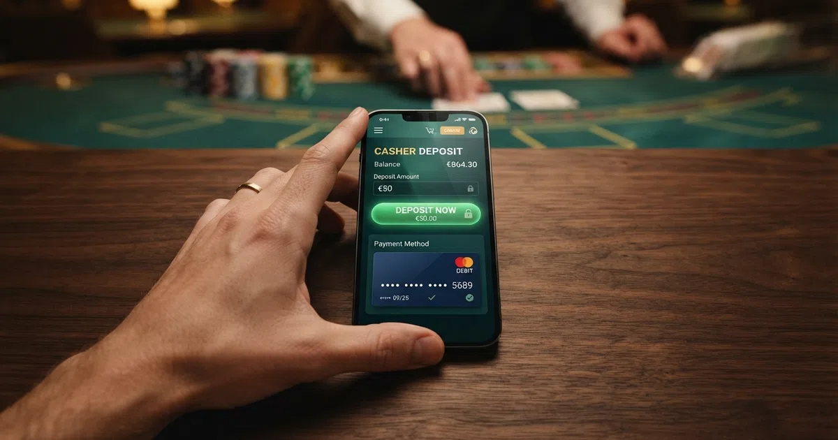 A smartphone held over an online casino cashier screen showing the Google Pay payment button and a linked debit card