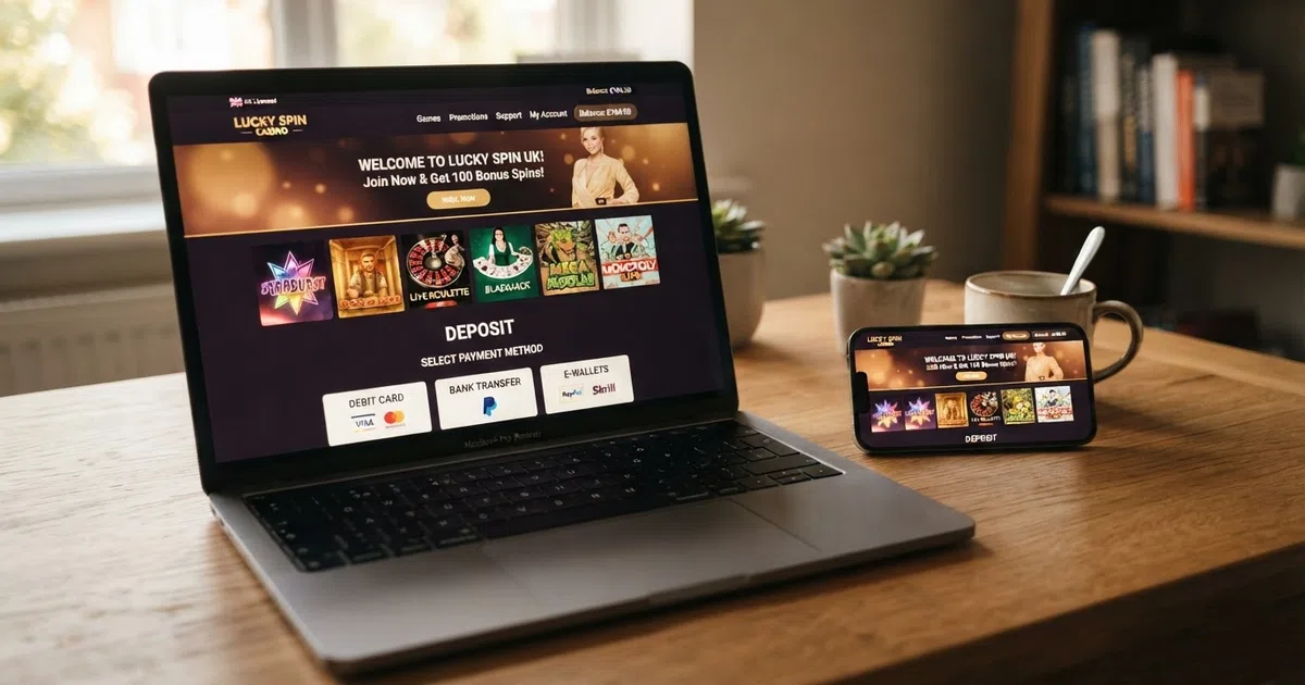 A UK online casino homepage on a laptop screen with a smartphone beside it, both showing casino game tiles and a deposit-method selector listing PayPal, Trustly and Visa debit