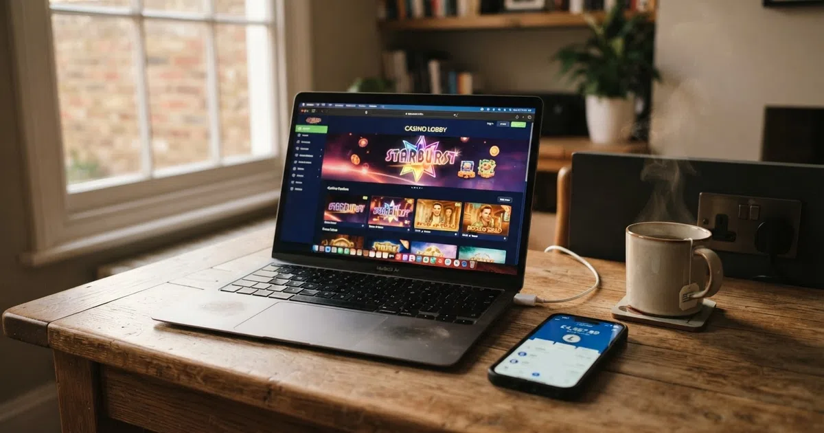 A smartphone screen showing a Litecoin wallet balance next to a laptop displaying an online casino lobby, with a British plug socket and a cup of tea on the desk