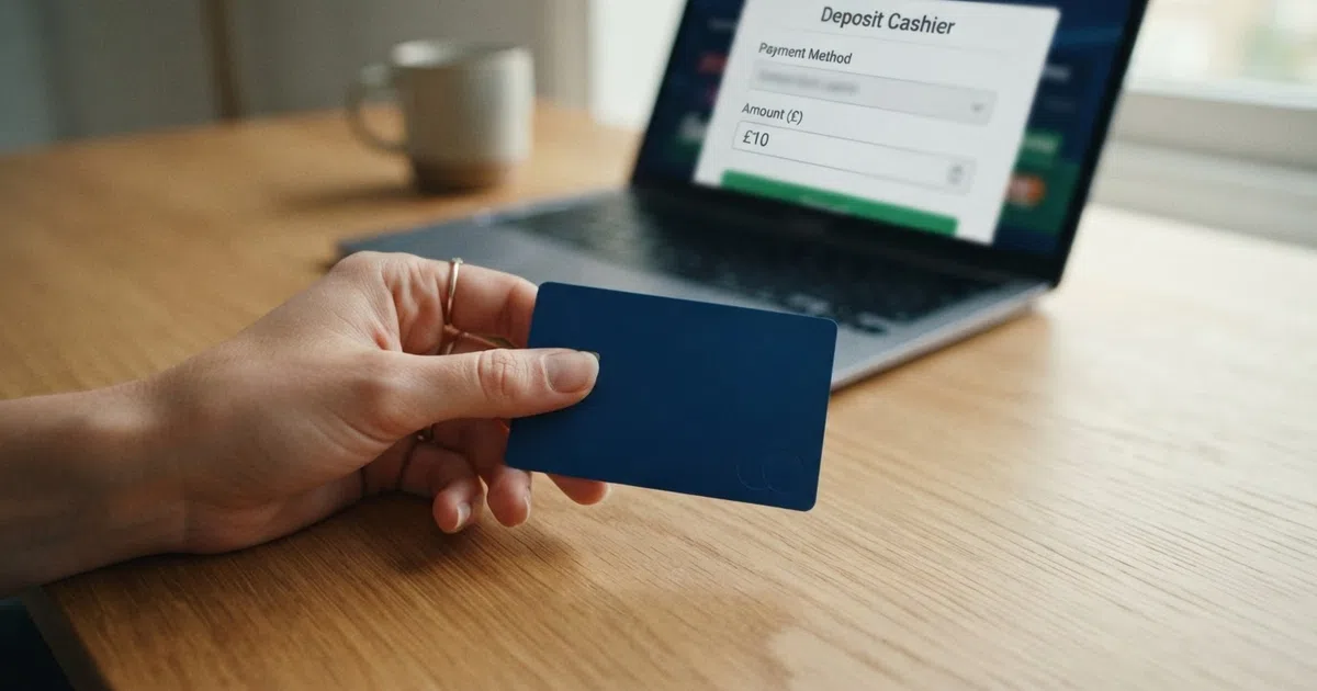 A Maestro debit card held against a laptop screen displaying a UK online casino cashier page with a deposit amount field visible