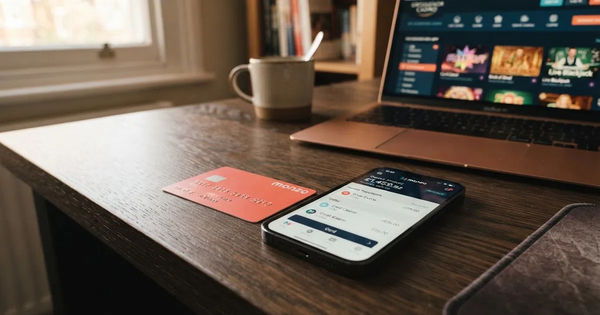 A Monzo debit card beside a smartphone showing the Monzo app home screen, with a casino lobby visible in the background on a laptop