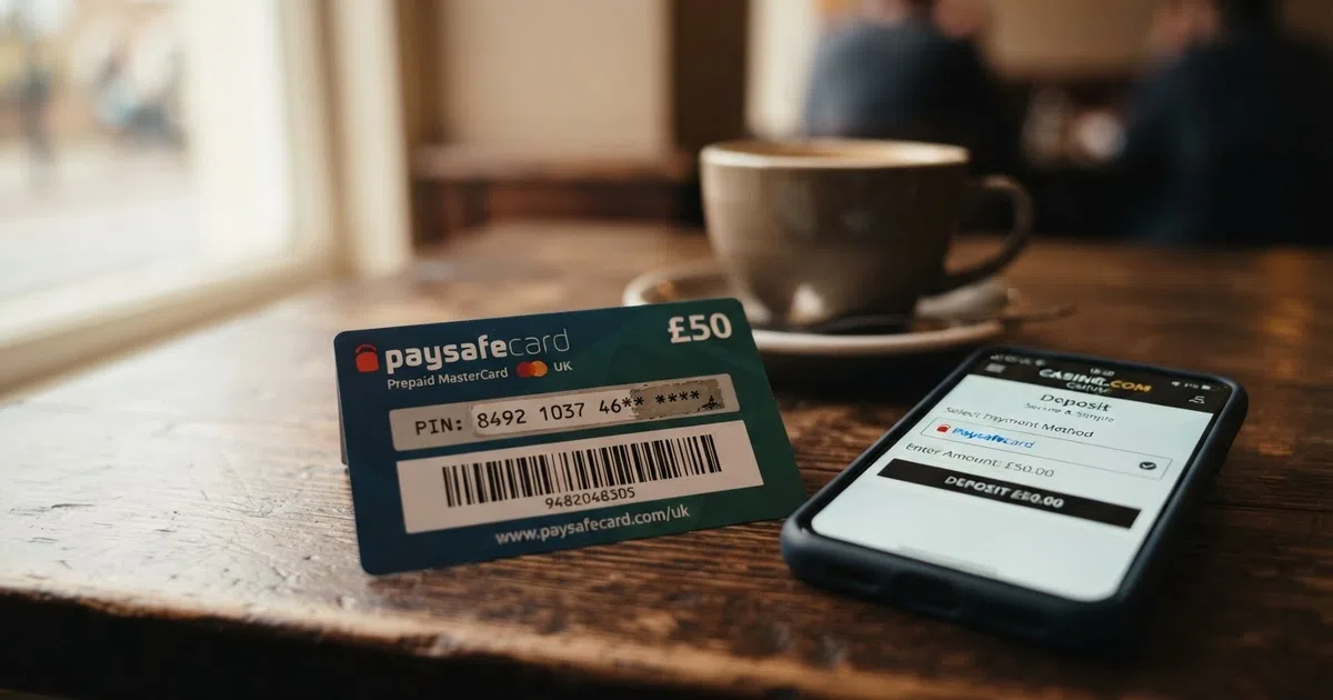 A Neosurf prepaid voucher beside a smartphone displaying a UK online casino cashier deposit screen