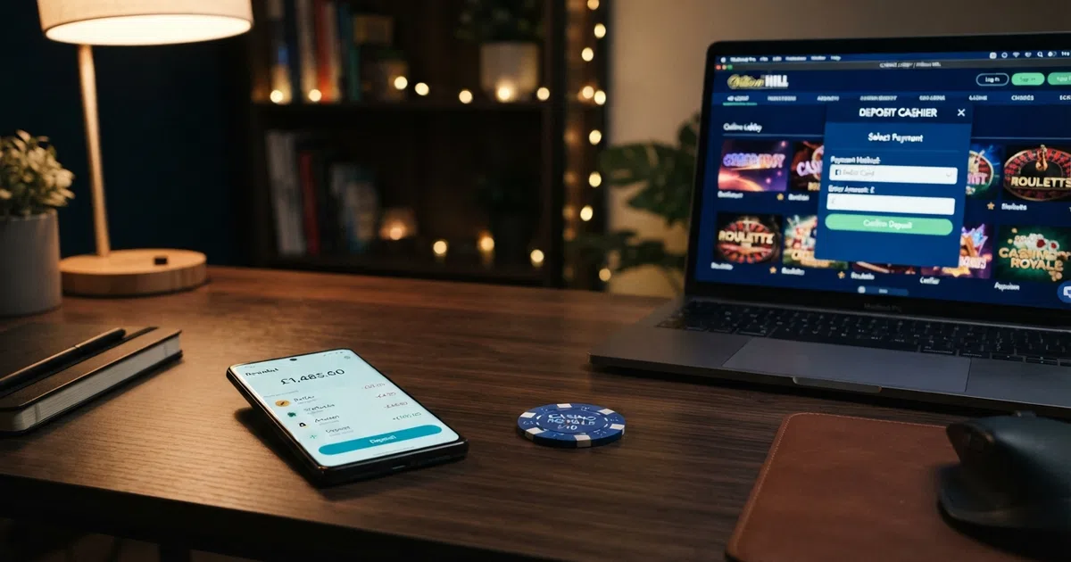 A Neteller digital wallet interface displayed on a smartphone beside a laptop showing a UK casino lobby with a deposit cashier open