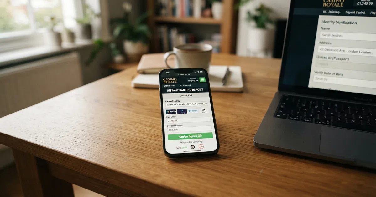 A smartphone screen showing a UK online casino cashier with Trustly selected as the deposit method, next to a registration form with identity verification fields.
