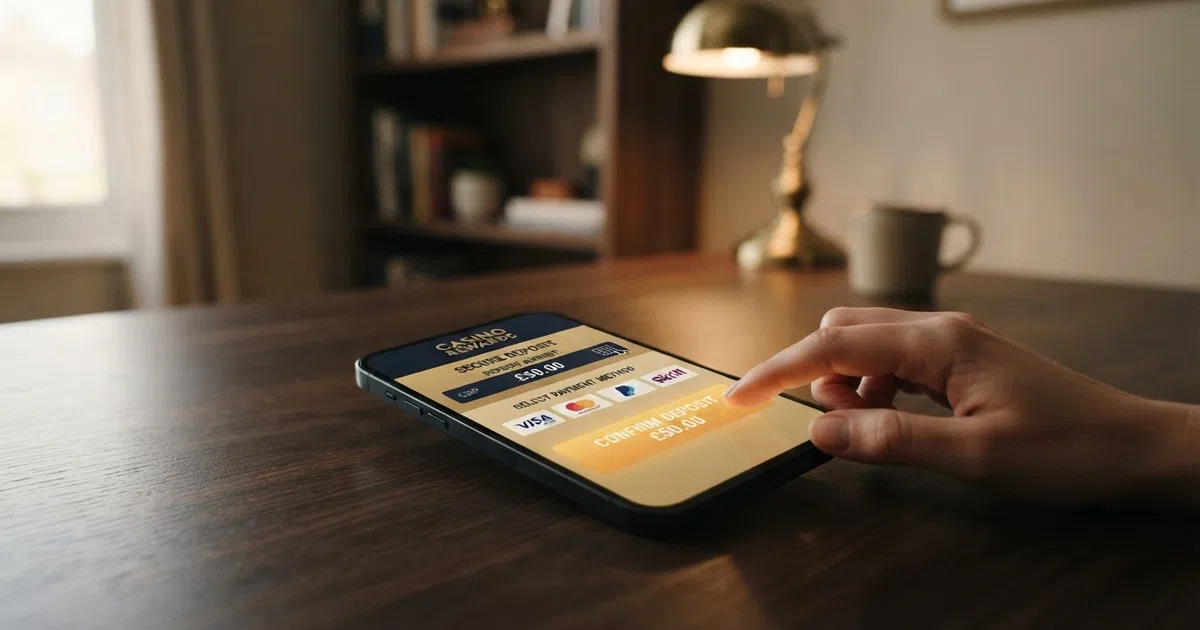 A smartphone screen showing a PayPal casino deposit interface with the PayPal logo, a GBP amount field, and casino brand cards visible in the background