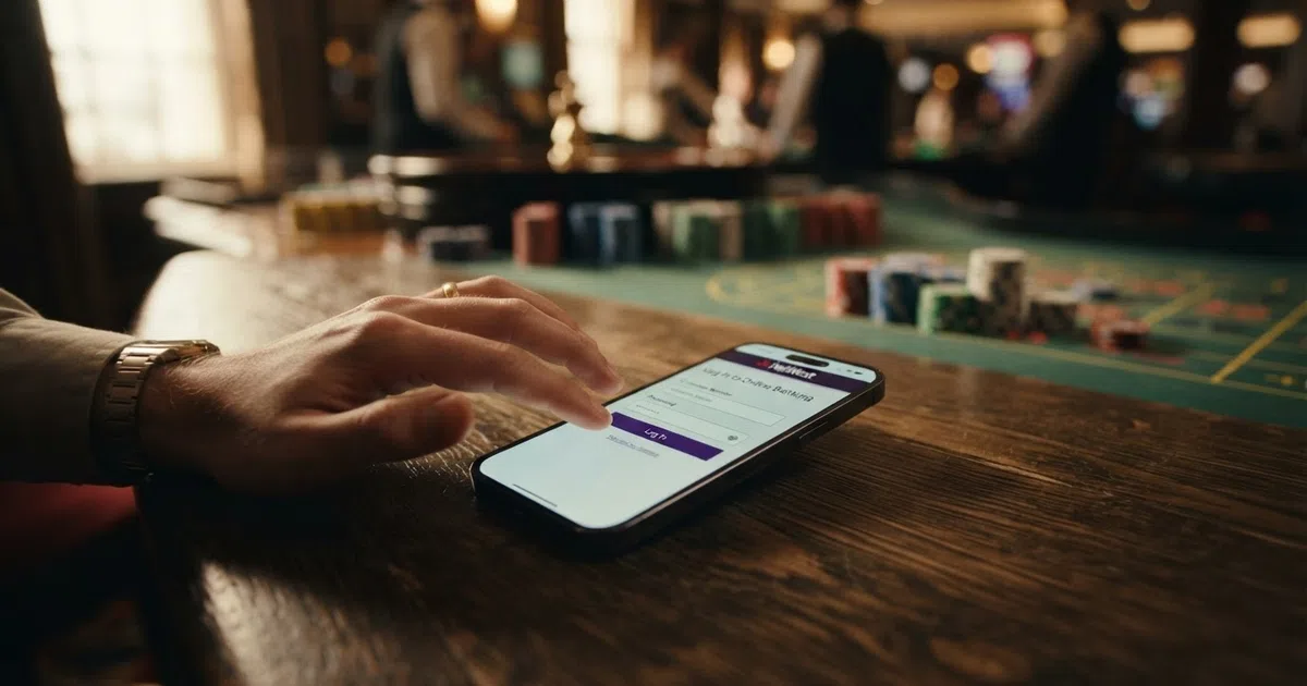 A smartphone showing an online banking login next to a casino chips table with a crossed-out POLi mark