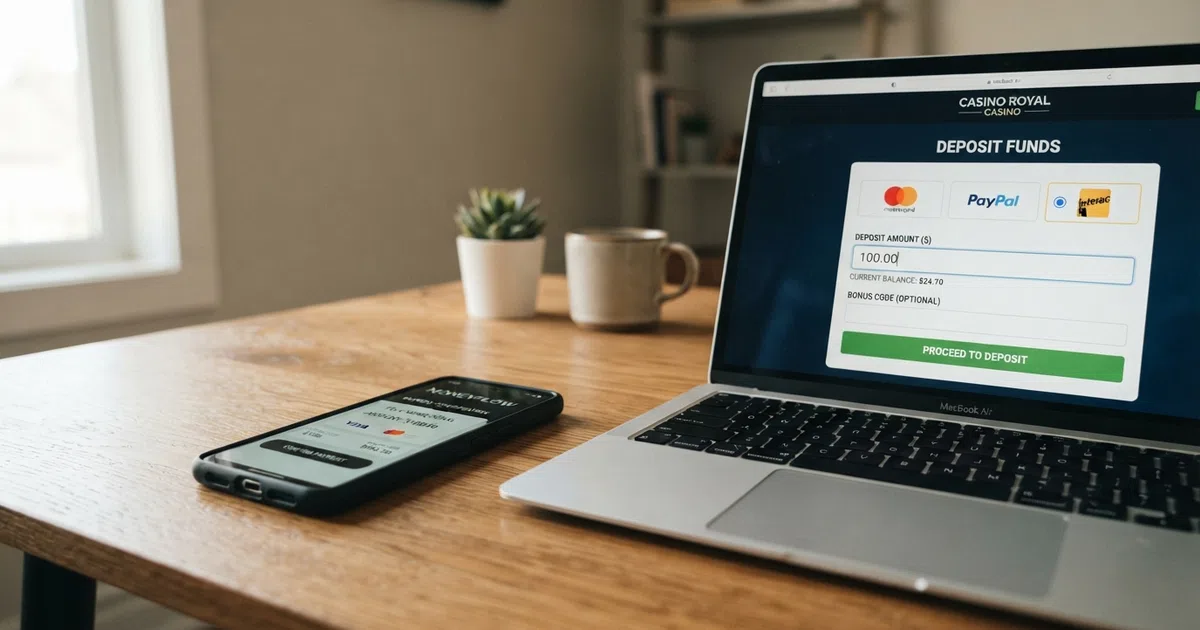 A smartphone displaying the Revolut app on its payments screen next to a laptop showing a UK online casino cashier page with a deposit-amount field