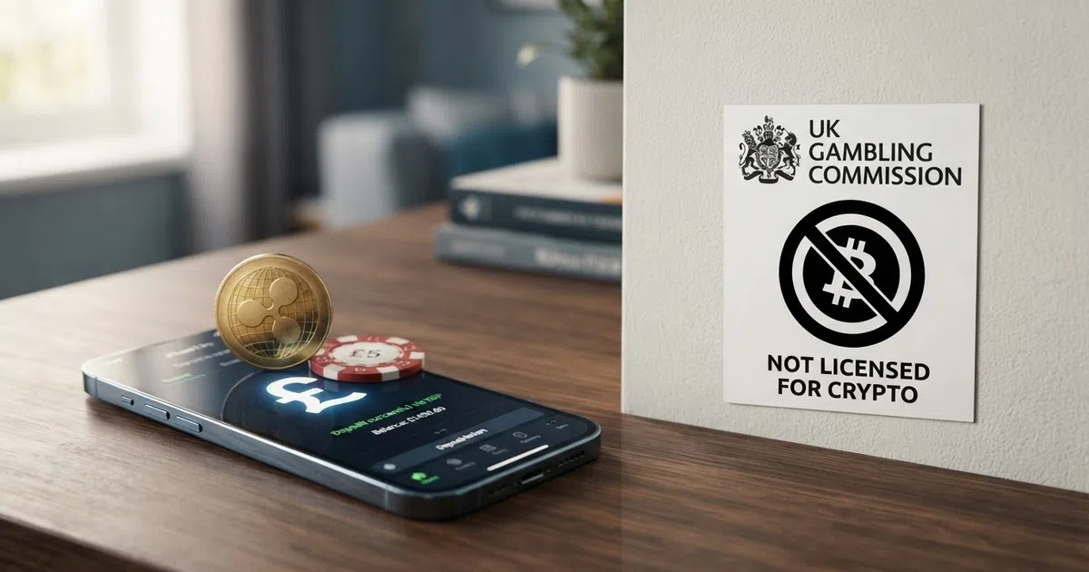 A split-frame illustration: one side showing an XRP token and a casino chip beside a smartphone displaying a deposit screen, the other showing a UKGC badge with a crossed-out crypto symbol over it