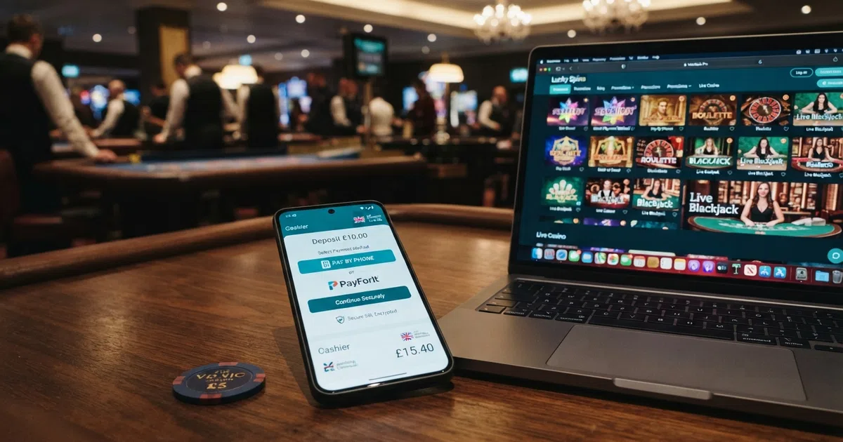 A smartphone displaying a casino cashier screen with Siru Mobile selected as the deposit method, beside a UK casino lobby showing slot thumbnails