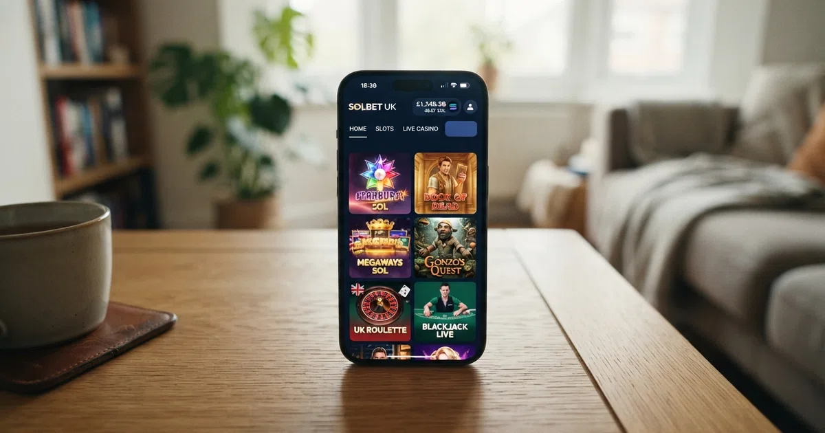 A smartphone screen displays a Solana casino game lobby with the SOL token logo in the navigation bar, game thumbnails arranged in a grid, and a wallet balance denominated in cryptocurrency