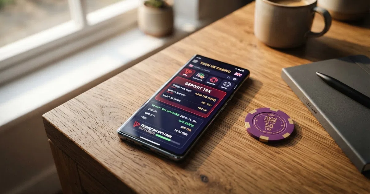 Smartphone showing a TRON casino lobby with TRX deposit option and a blockchain explorer confirming the transaction