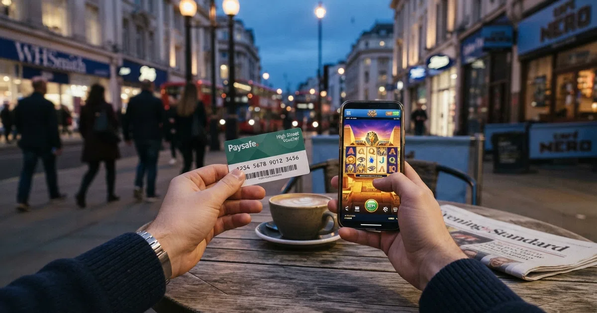 A blue Paysafecard prepaid voucher next to a smartphone displaying a UK online casino game lobby