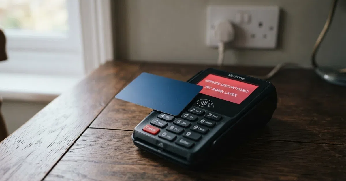 A casino payment card lying on a chip-and-PIN terminal with a red “service discontinued” overlay, British plug sockets visible in the background