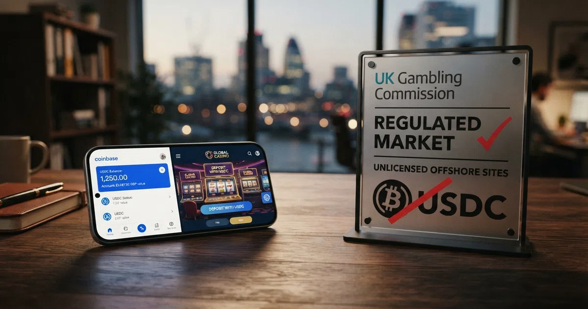 A split composition: on one side, a smartphone screen showing a USDC wallet balance beside a casino lobby; on the other, the UK Gambling Commission logo with a red line through a crypto symbol, conveying the regulatory gap