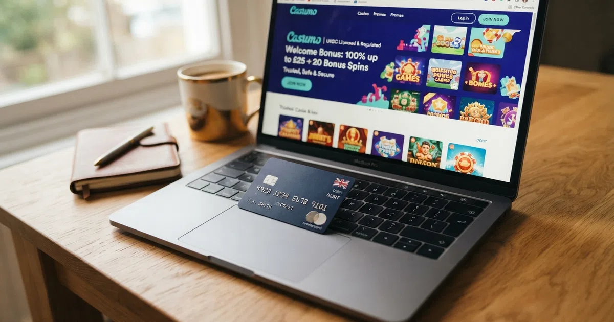 A Visa debit card resting on a laptop showing an online casino homepage