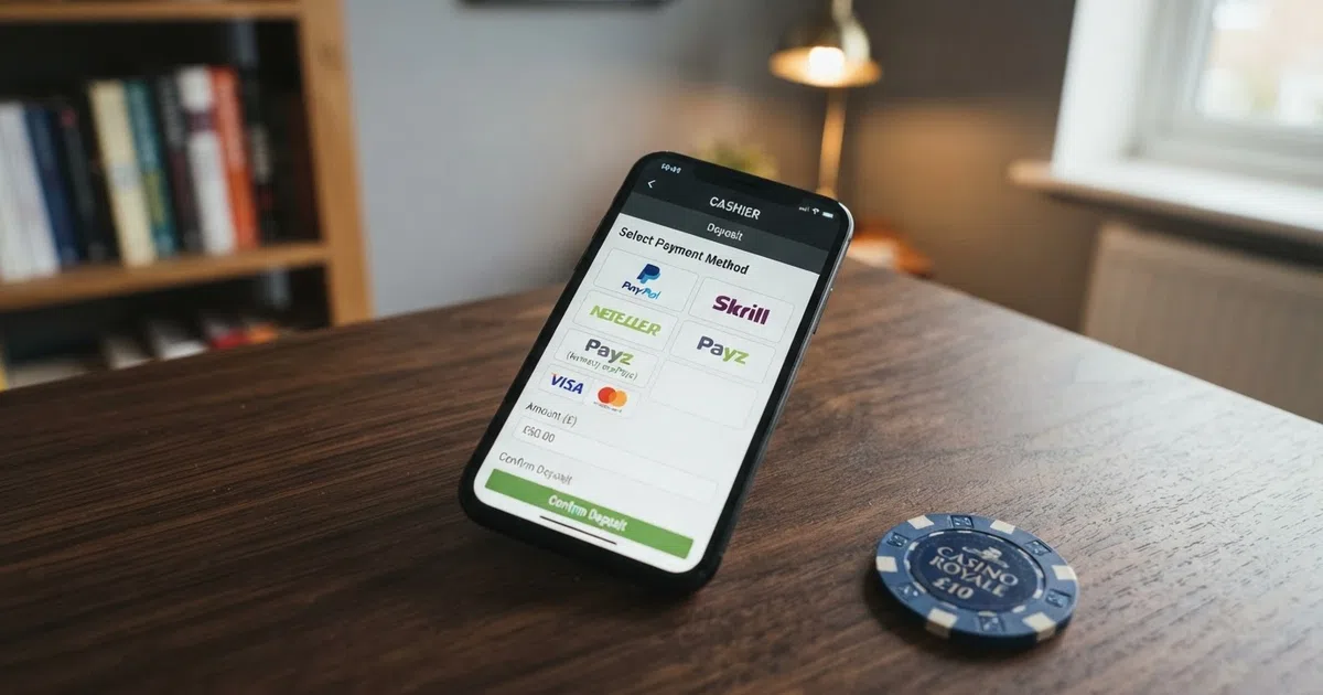 A smartphone screen showing a UK online casino cashier page with e-wallet payment icons, WebMoney visibly absent from the listed options