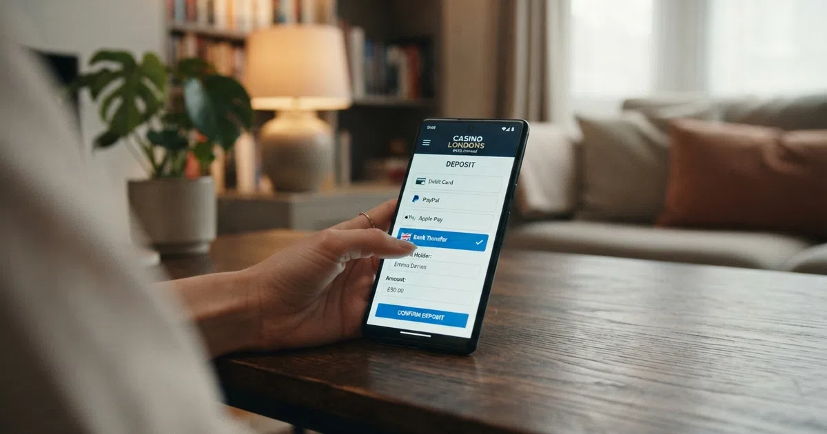 A UK online casino cashier screen showing bank transfer listed among the deposit options alongside debit card and e-wallet choices