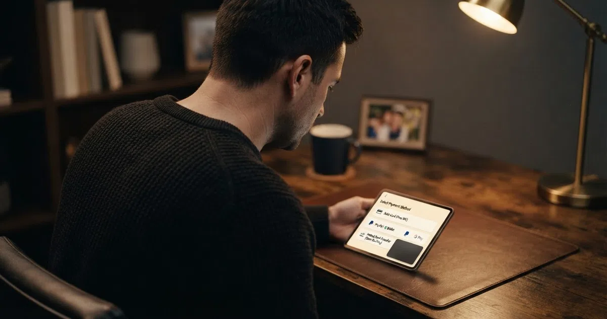 A UK casino player looking at a smartphone screen showing a payment method selection page with debit card, PayPal and open banking options visible, a crossed-out Wirecard logo in the corner