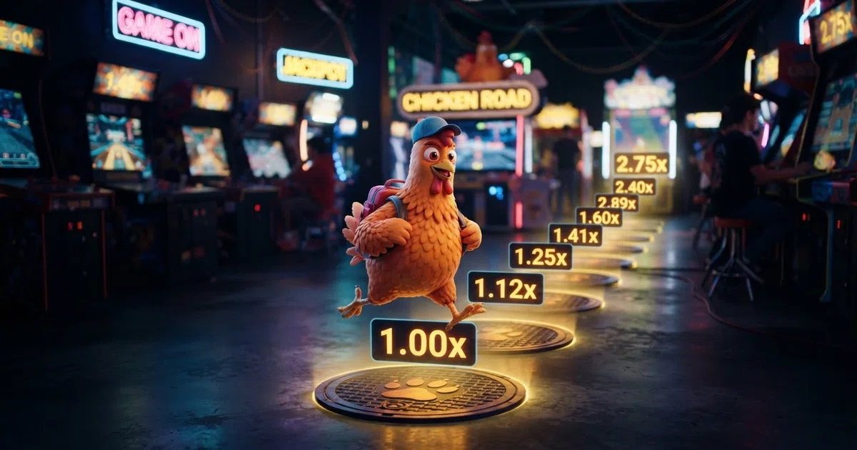 A chicken character standing on a road of manhole covers with a rising multiplier counter displayed above, set against a colourful arcade-style backdrop