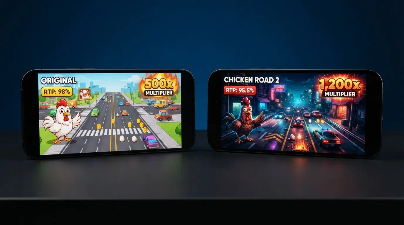 A side-by-side visual comparison of the original Chicken Road interface and the Chicken Road 2 sequel, showing the different colour schemes, difficulty-select screens, and multiplier displays