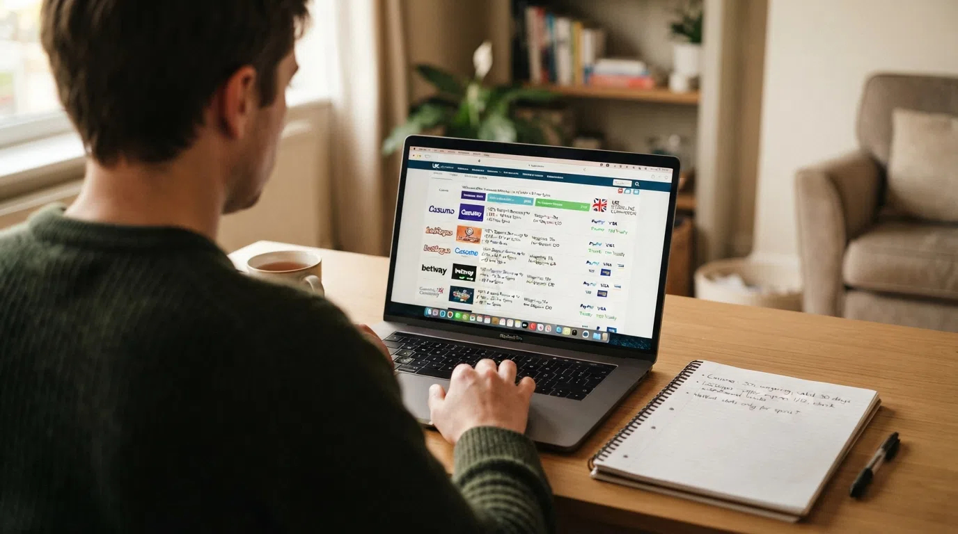 A person at a desk with a laptop open to a casino comparison page, a notepad beside them with handwritten criteria
